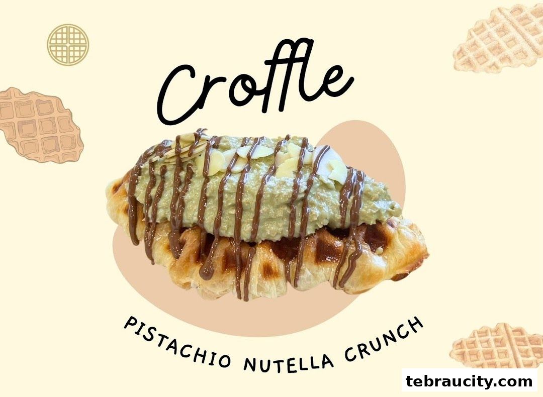 A delicious croffle topped with pistachio cream, chocolate drizzle, and almonds.