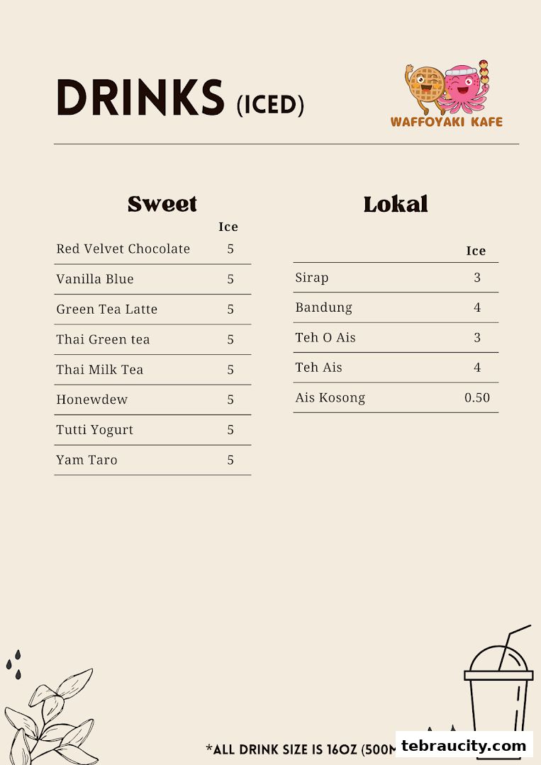 A menu for Waffoyaki Kafe featuring iced drinks, categorized as Sweet and Lokal.
