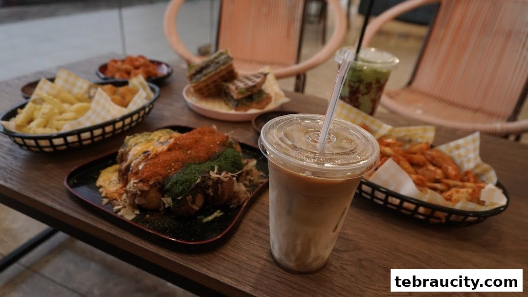 A table laden with various savory snacks and drinks, including fries, takoyaki, and iced beverages.