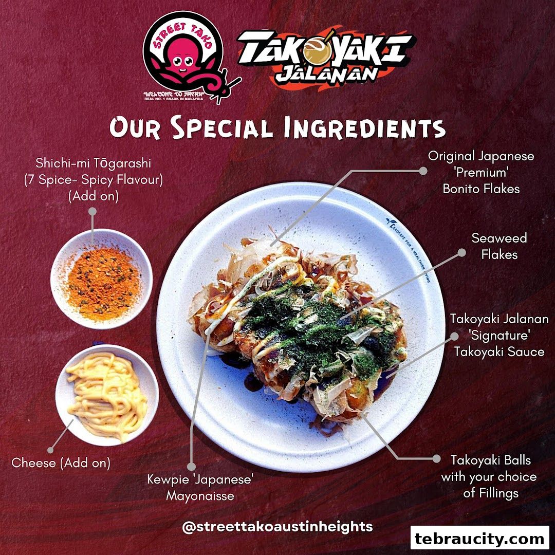 A plate of Takoyaki with various toppings and ingredients labeled.