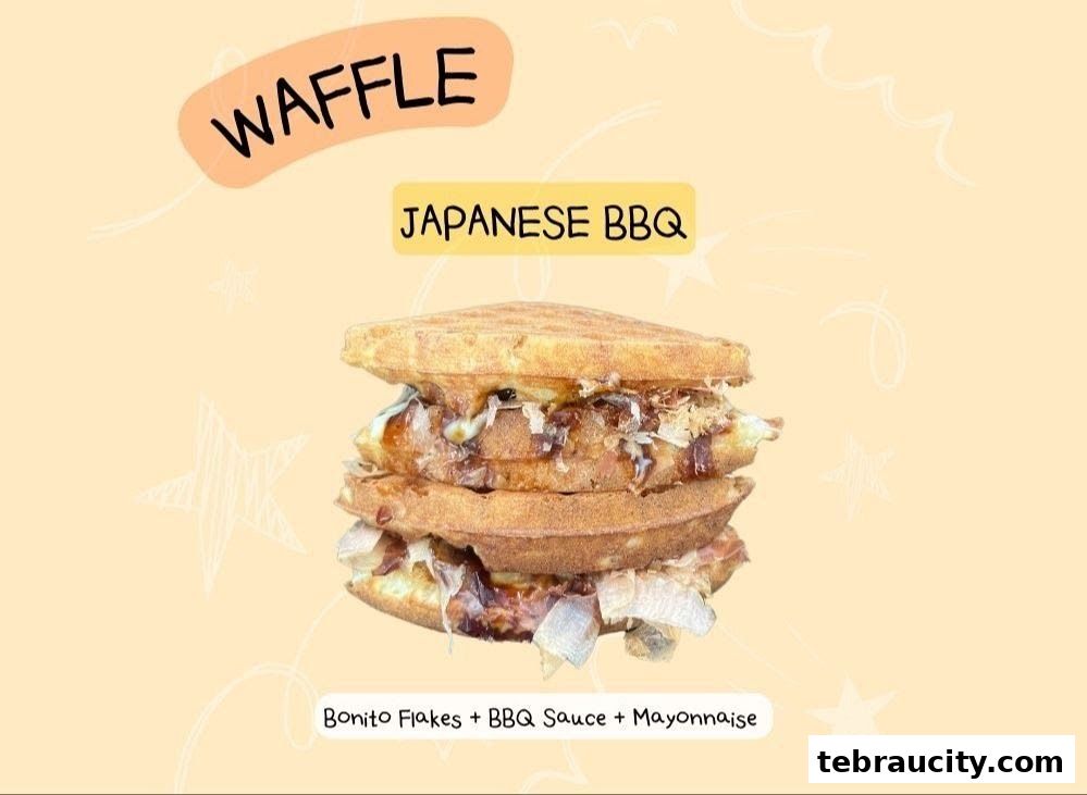 A delicious Japanese BBQ waffle sandwich with bonito flakes, BBQ sauce, and mayonnaise.