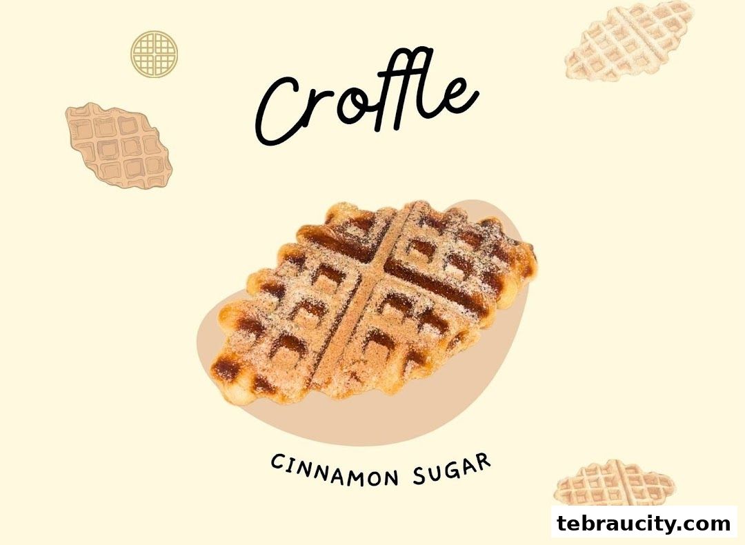 A delicious cinnamon sugar croffle is showcased with decorative waffle illustrations.