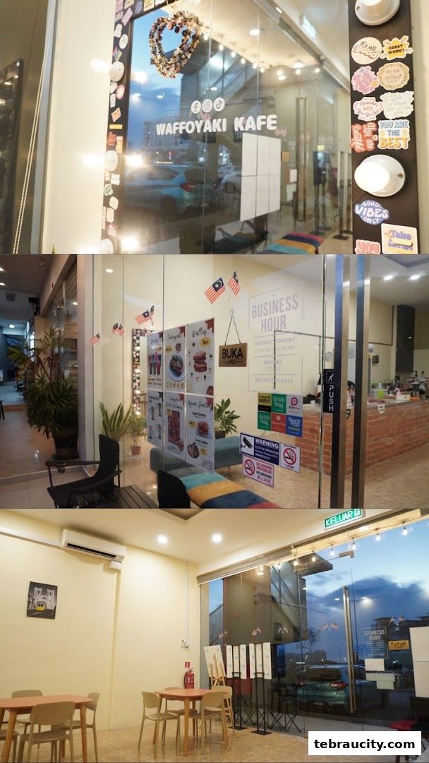 The entrance of Waffoyaki Kafe, a dessert shop with a modern and inviting facade.