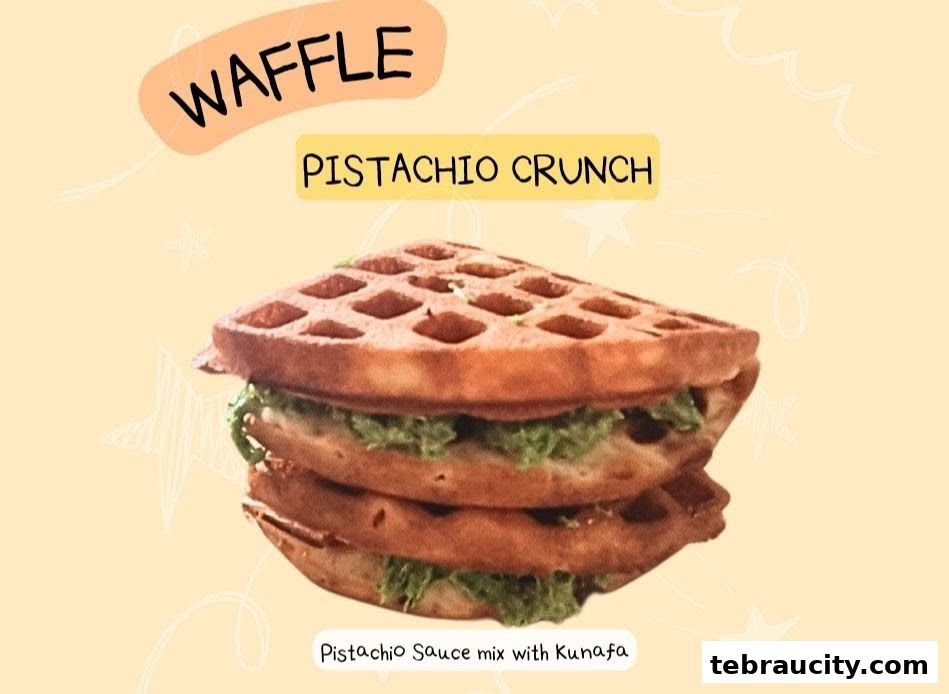 A stacked waffle sandwich with pistachio filling, labeled 'Waffle' and 'Pistachio Crunch'.