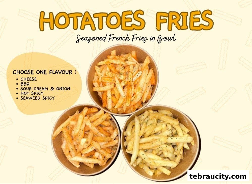 Three bowls of seasoned french fries with different flavor options listed.