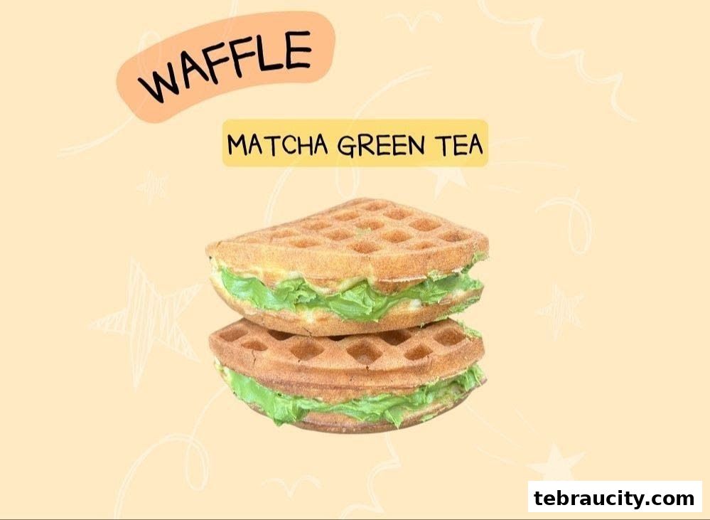A stack of two delicious waffles filled with creamy matcha green tea filling.