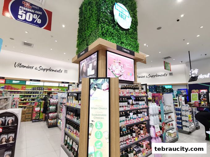 Interior view of a Watsons pharmacy with shelves stocked with vitamins, supplements, and personal care products.