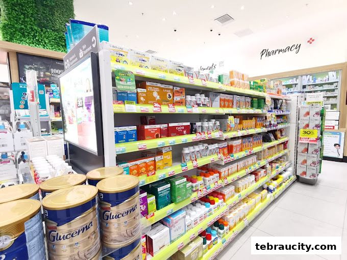 Interior view of a Watsons pharmacy with shelves stocked with health and beauty products.