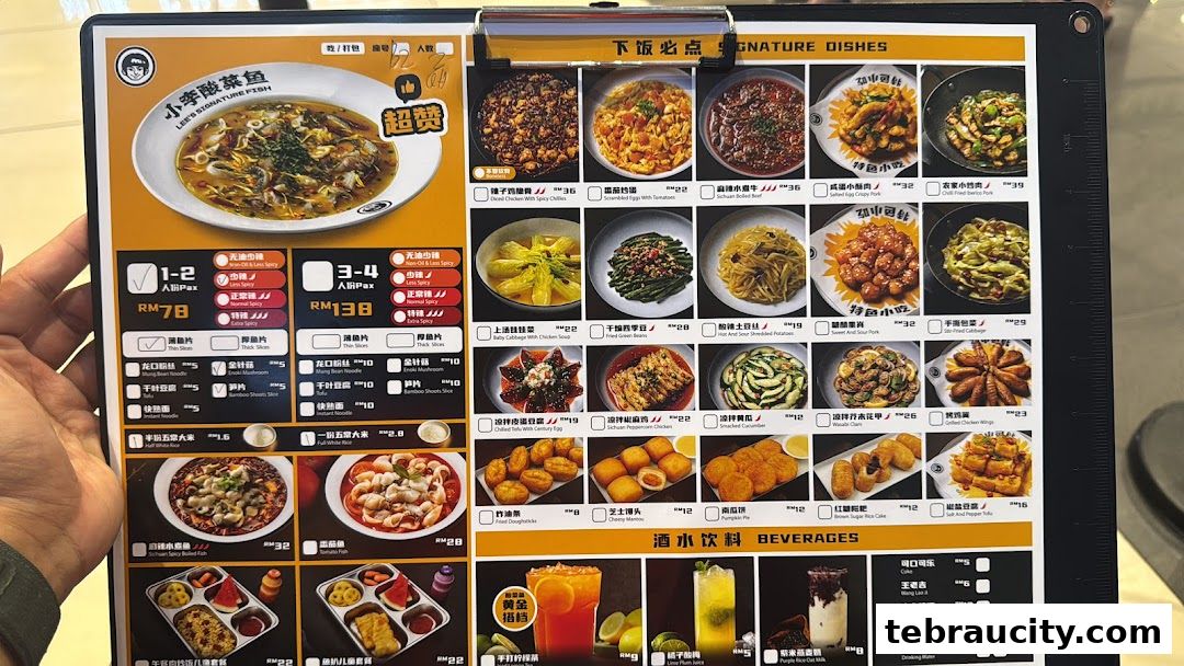A menu from Lee's Signature Fish featuring various dishes and beverages.