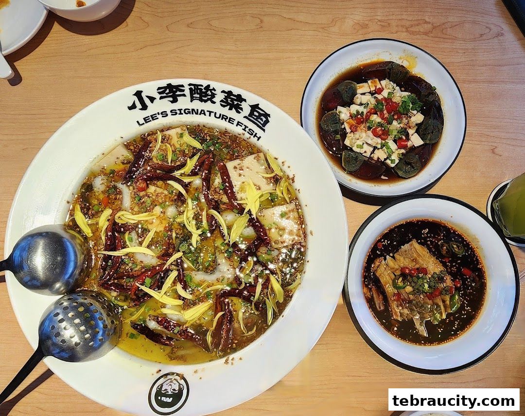 A close-up overhead view of three delicious Chinese dishes served at Lee's Signature Fish.