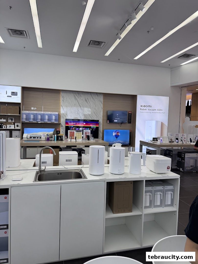 Interior view of a Xiaomi store showcasing various home appliances and electronics.