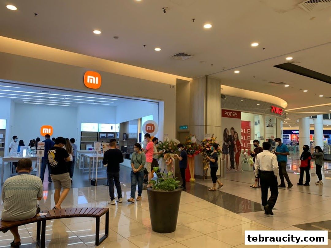 People are queuing outside a Xiaomi store in a shopping mall, with floral decorations.