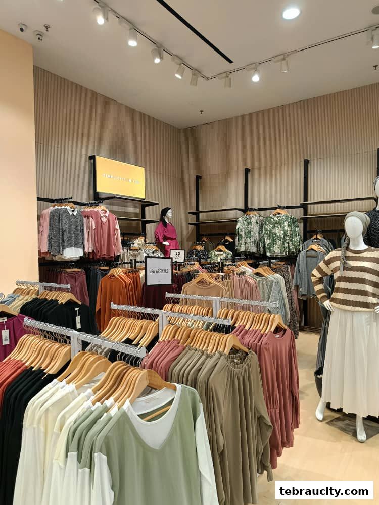 Interior view of a clothing store with racks of new arrival apparel and mannequins.