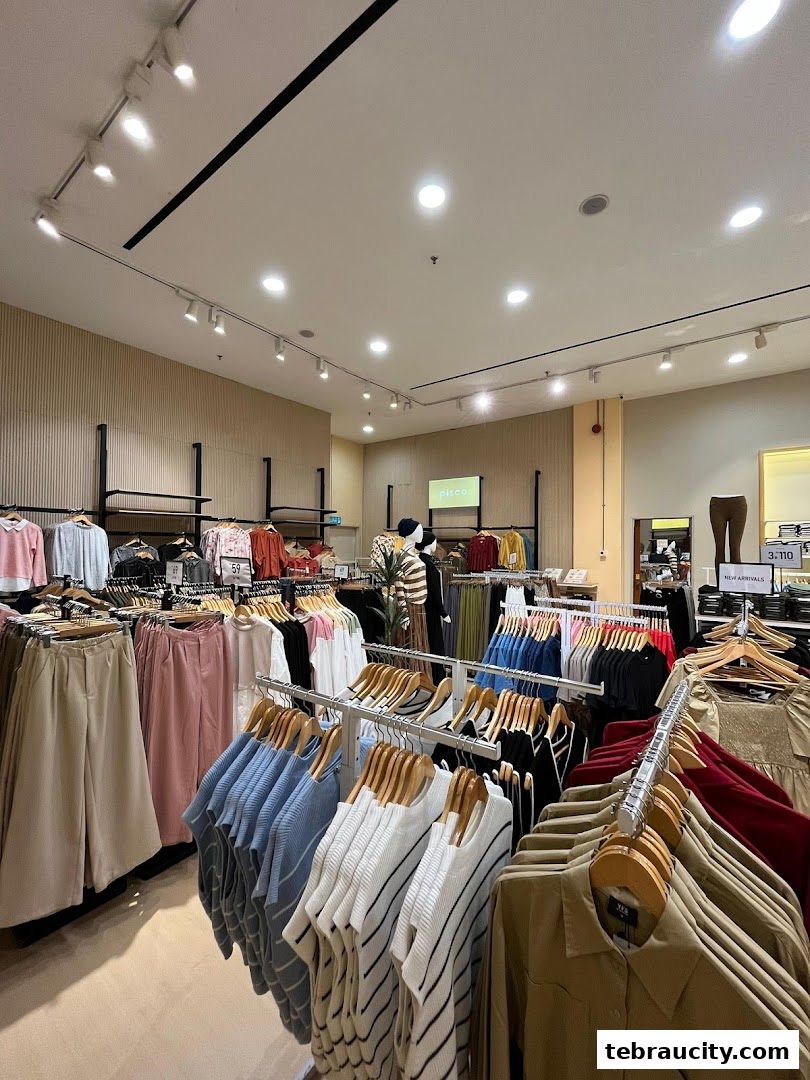 Interior view of a clothing store with racks of colorful apparel and mannequins.