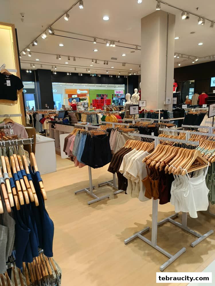 Interior view of a clothing store with racks of apparel and mannequins.