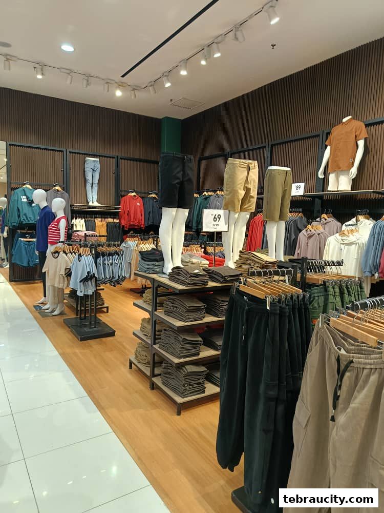 Interior view of a clothing store showcasing men's apparel on mannequins and racks.
