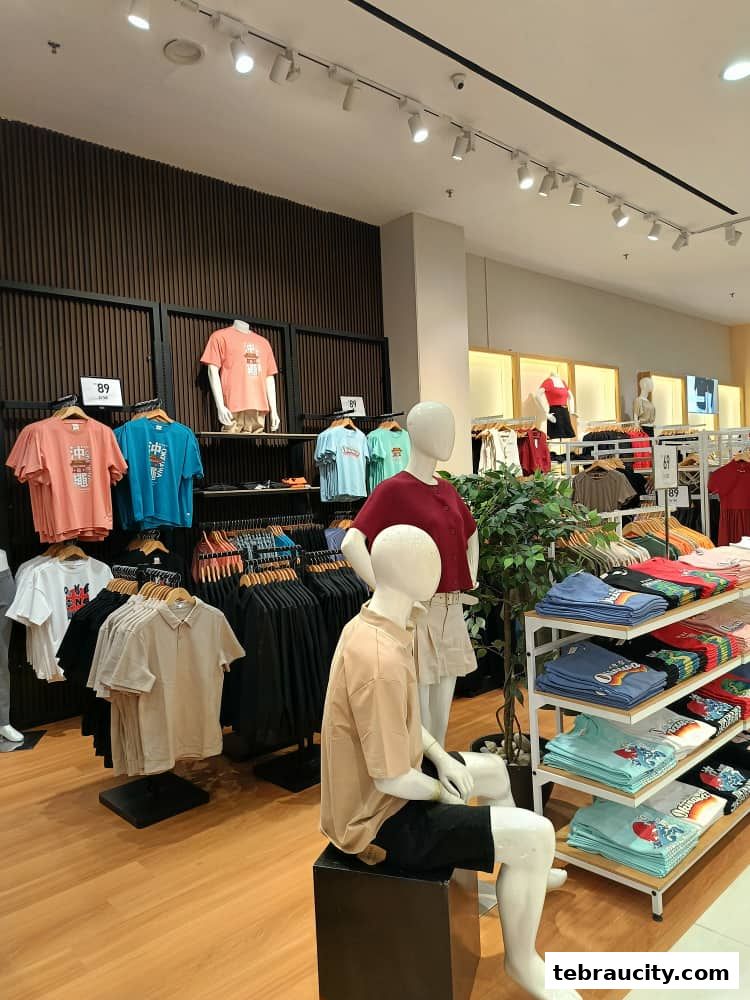 Interior view of a clothing store with mannequins and racks of t-shirts and polos.