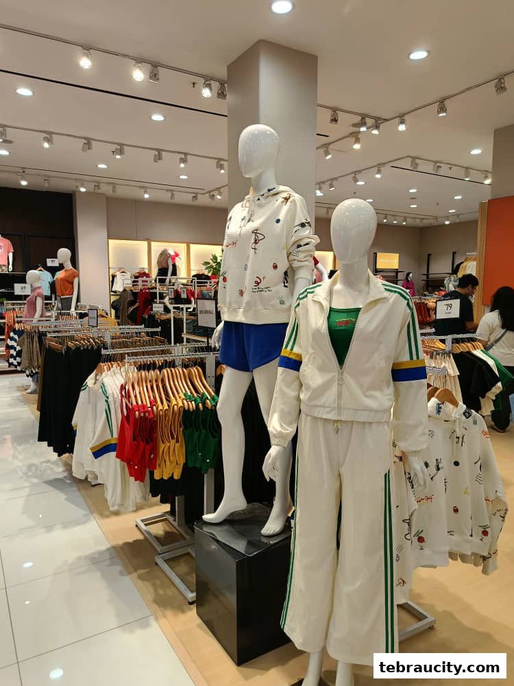 Mannequins display casual wear, with racks of colorful clothing in the background.