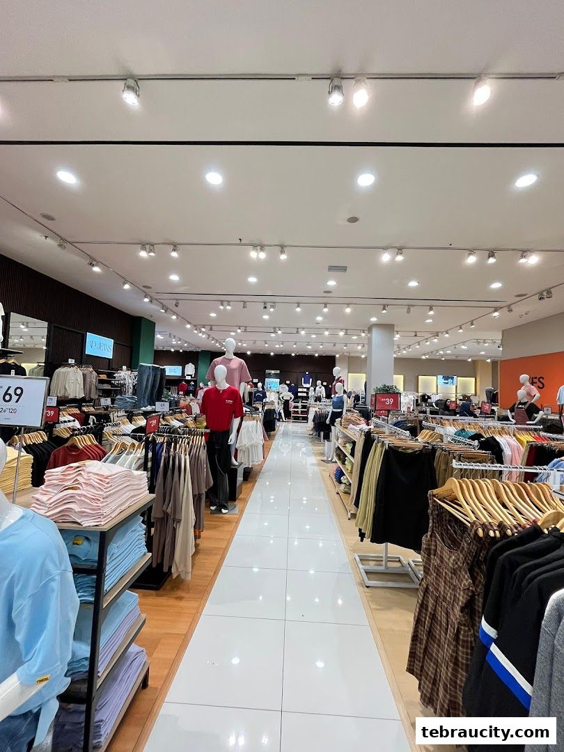 Interior view of a clothing store with racks of apparel and mannequins.