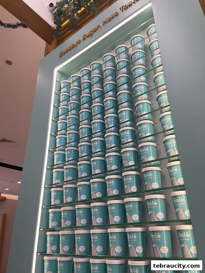 A wall display showcasing numerous tubs of Yolé frozen yogurt in various sizes.