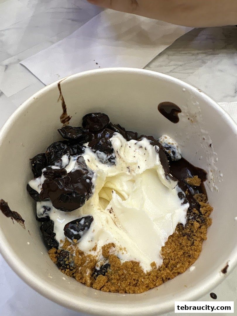 A close-up of a frozen yogurt dessert with chocolate sauce and fruit.