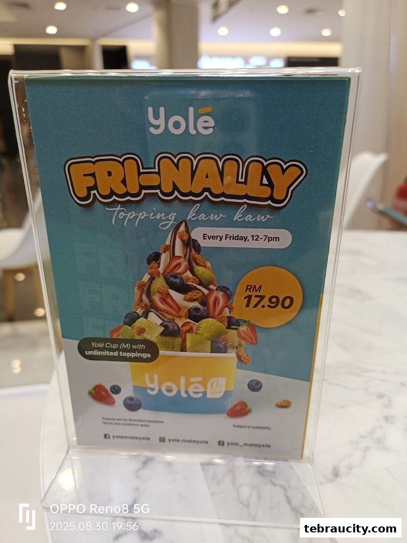 A promotional sign for Yolé's 'Fri-Nally' offer featuring a cup of frozen yogurt with unlimited toppings.