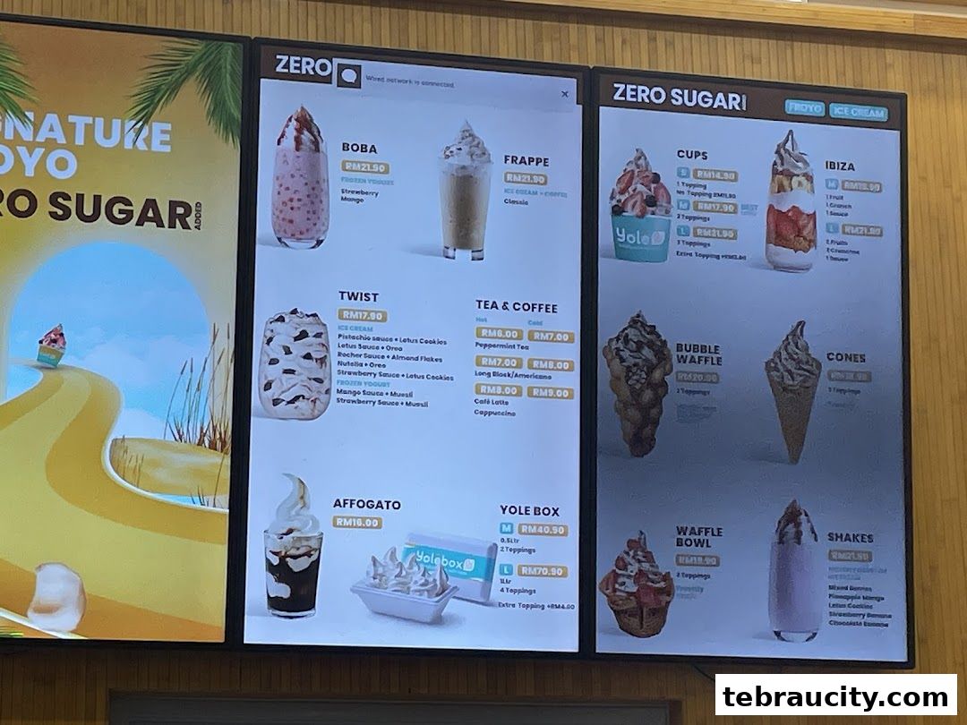 A menu board displaying various frozen yogurt, ice cream, coffee, and shake options with prices.