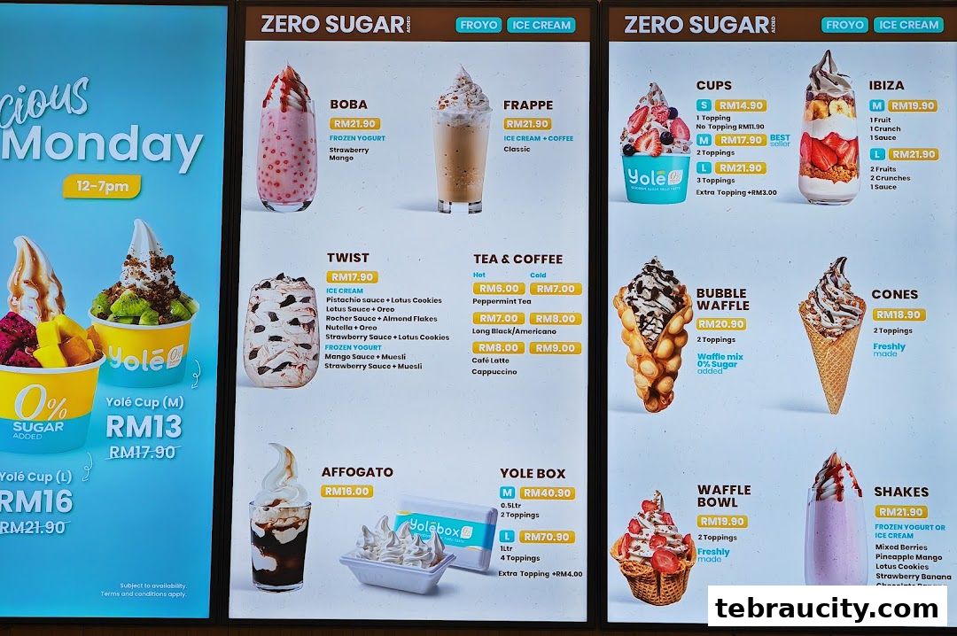 A menu board displaying various frozen yogurt and ice cream desserts from Yolé.