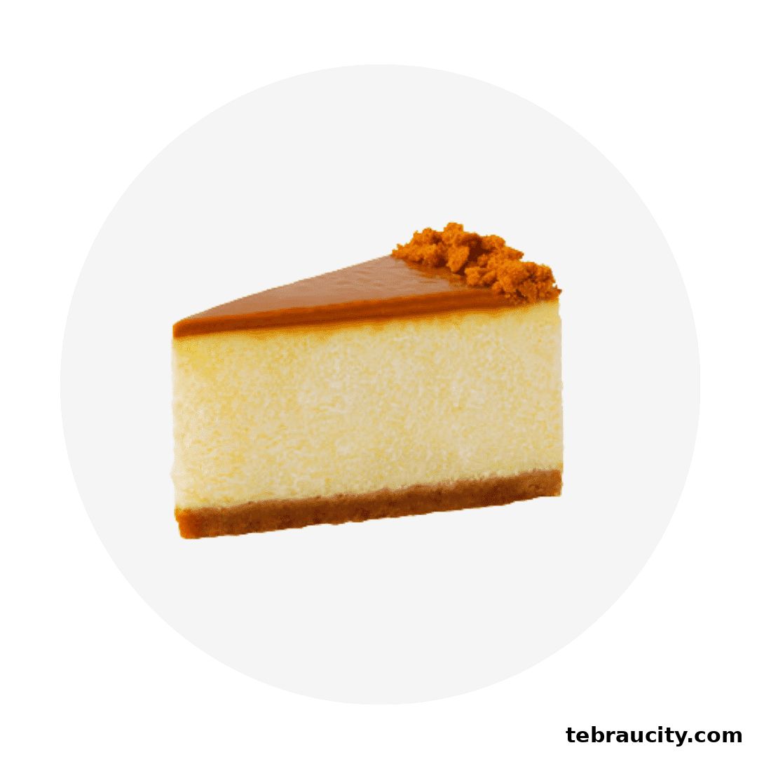 A slice of creamy cheesecake with caramel topping and crushed biscuits.