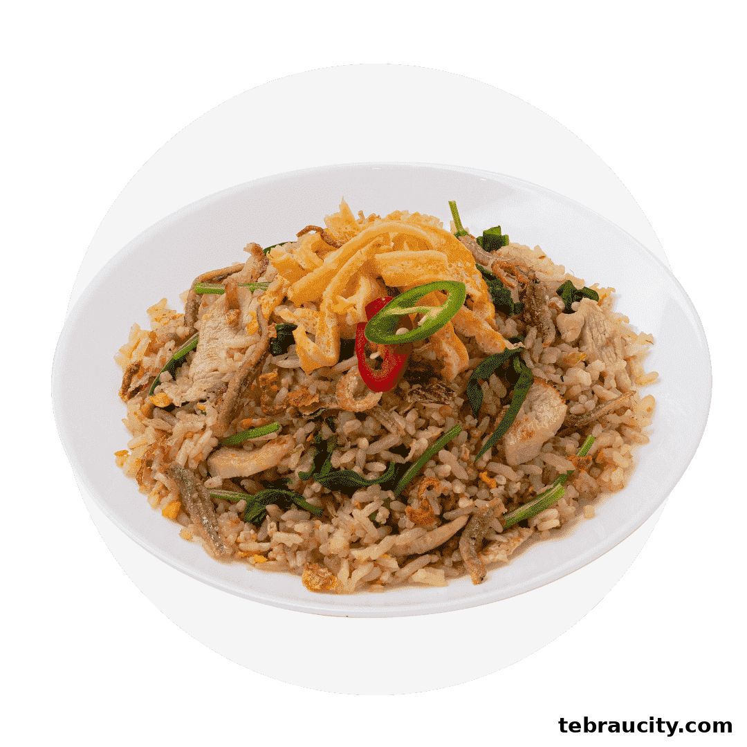 A plate of fried rice with meat, vegetables, and chili peppers.