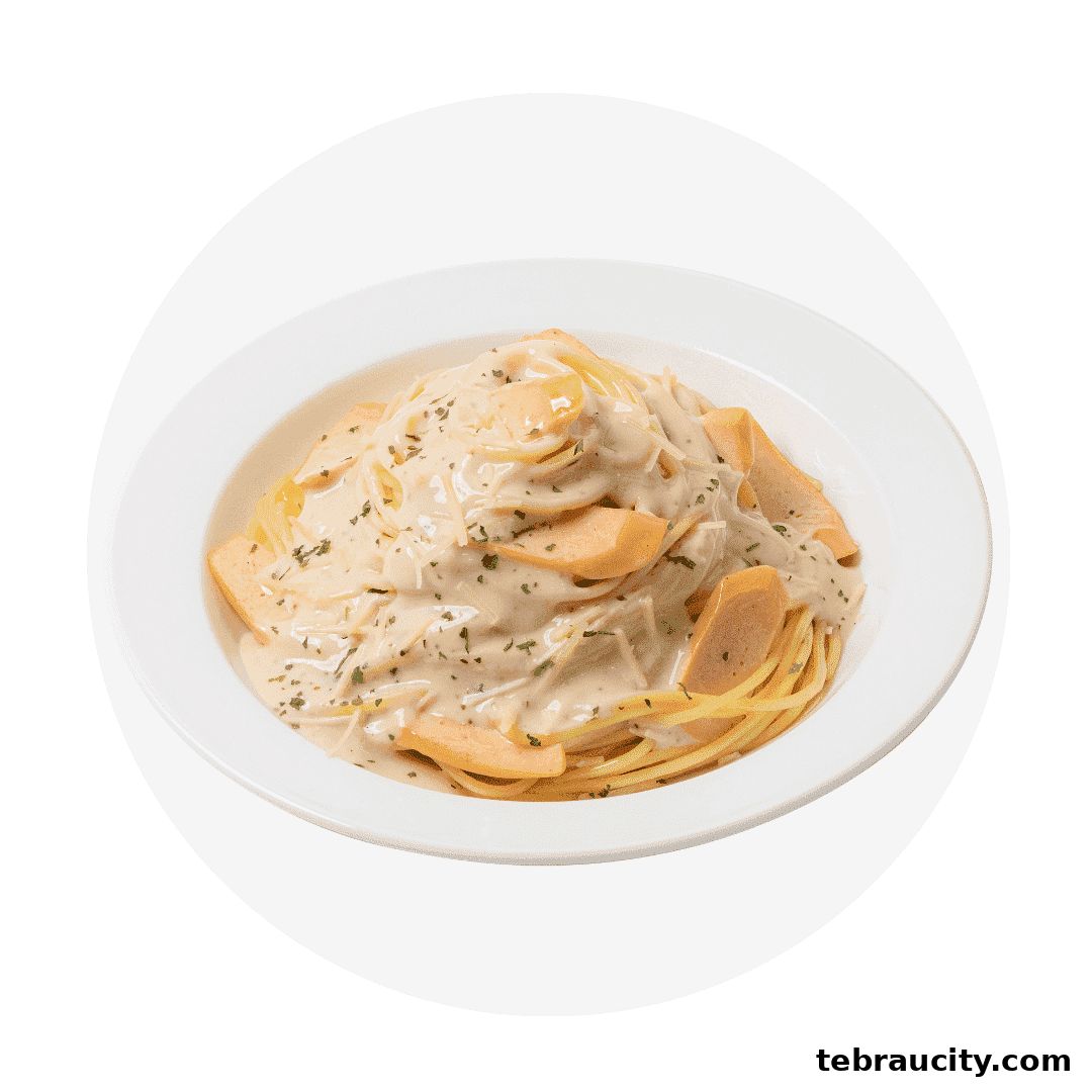 A plate of creamy pasta with sliced sausages and sprinkled herbs.
