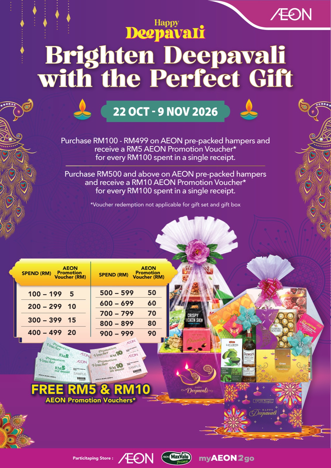 AEON Deepavali voucher catalogue poster 22 October to 9 November 2026