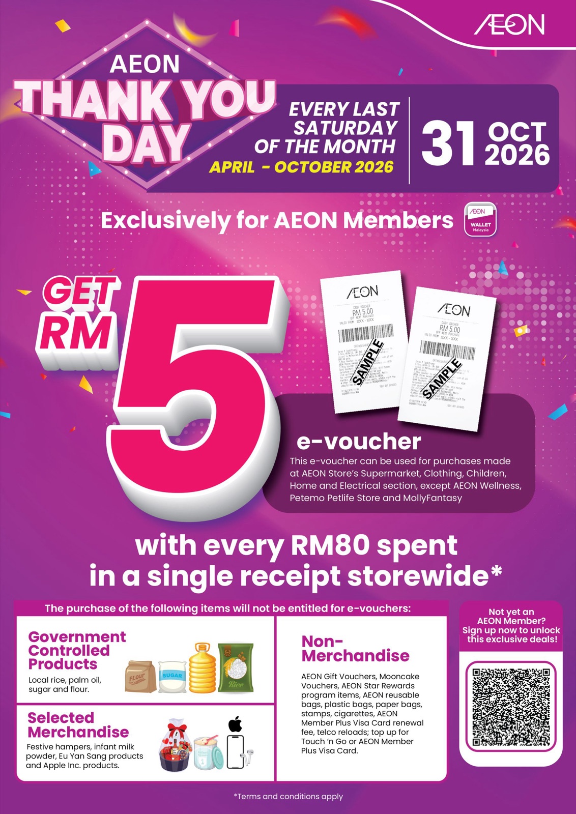 AEON Thank You Day A4 poster front for 31 October 2026, RM80 spend RM5 e-voucher