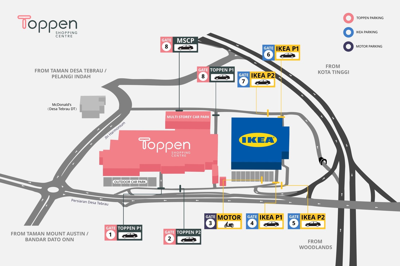 Official Toppen and IKEA Tebrau car park gate map at Taman Desa Tebrau